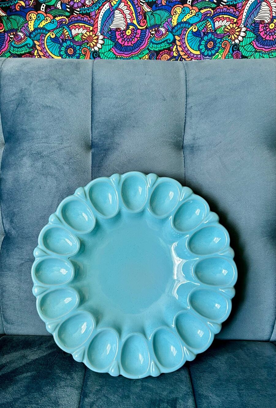 Vintage MCM Frankoma Pottery Robin's Egg Blue Glaze Deviled Egg Platter Dish